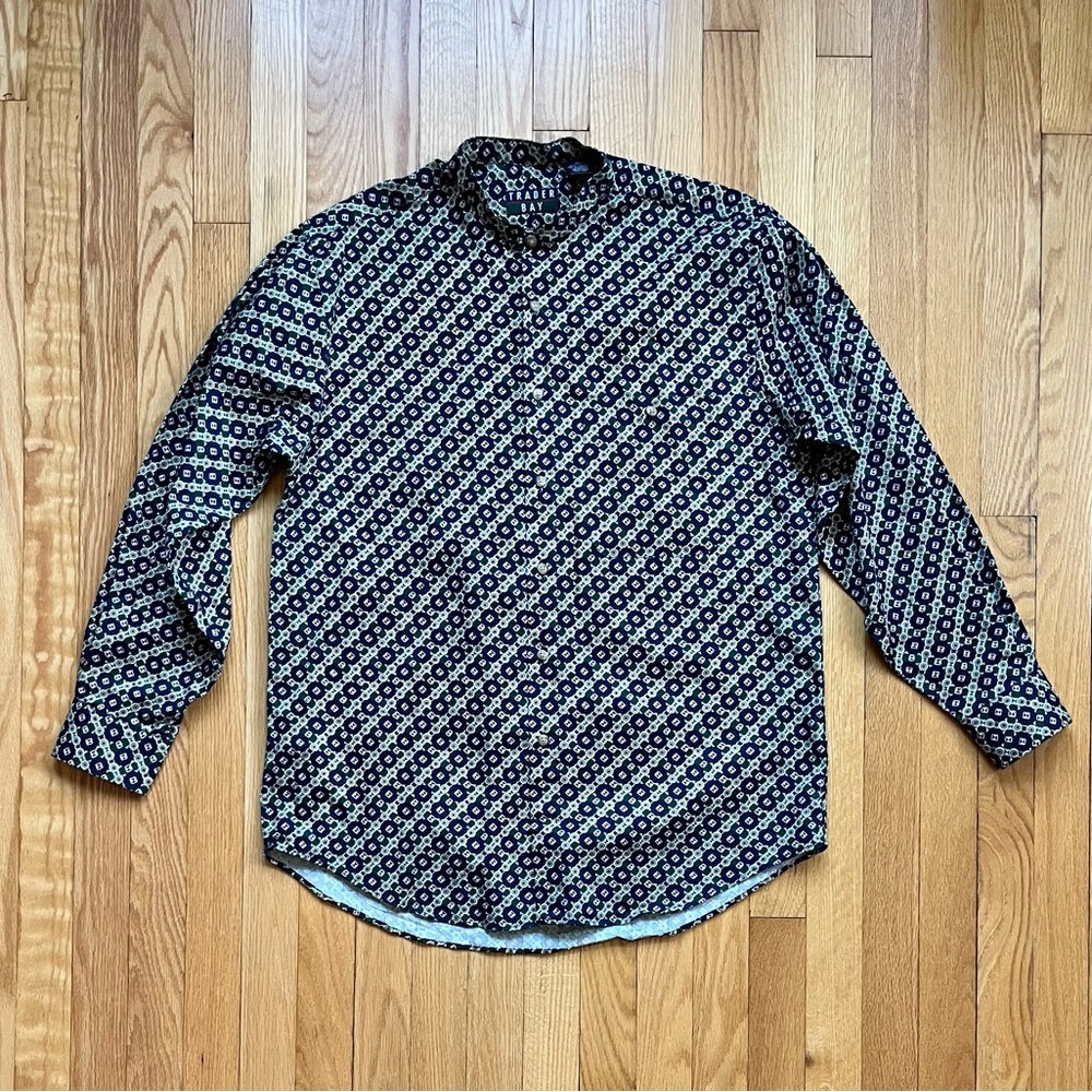 Vintage Trader Bay Men’s Long Sleeve Postboy Shirt Medium Blue Unique Pattern